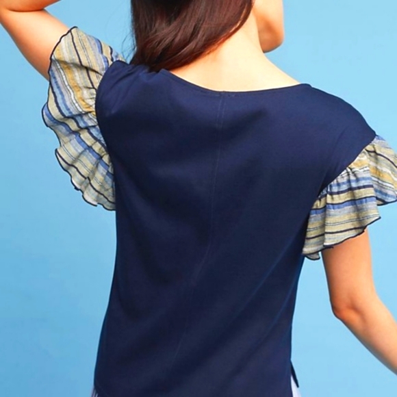 Anthropologie Seafarer Flutter Sleeve Top Navy Blue Medium - Picture 3 of 6